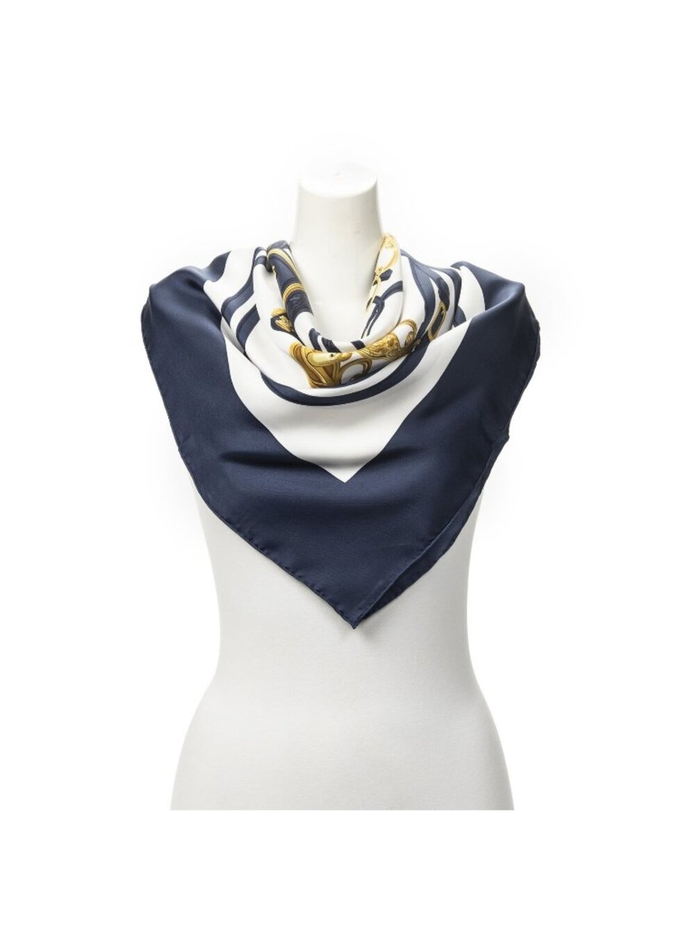 Hermes Scarf Navy White Gold Silk